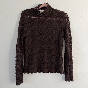 Vintage Jones NY Sport Brown Lace Scalloped Long Sleeve Layering Top Size Small